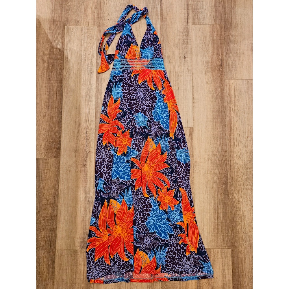 Moda International Halter Maxi Dress Medium Tropical Floral Empire Stretch Korea